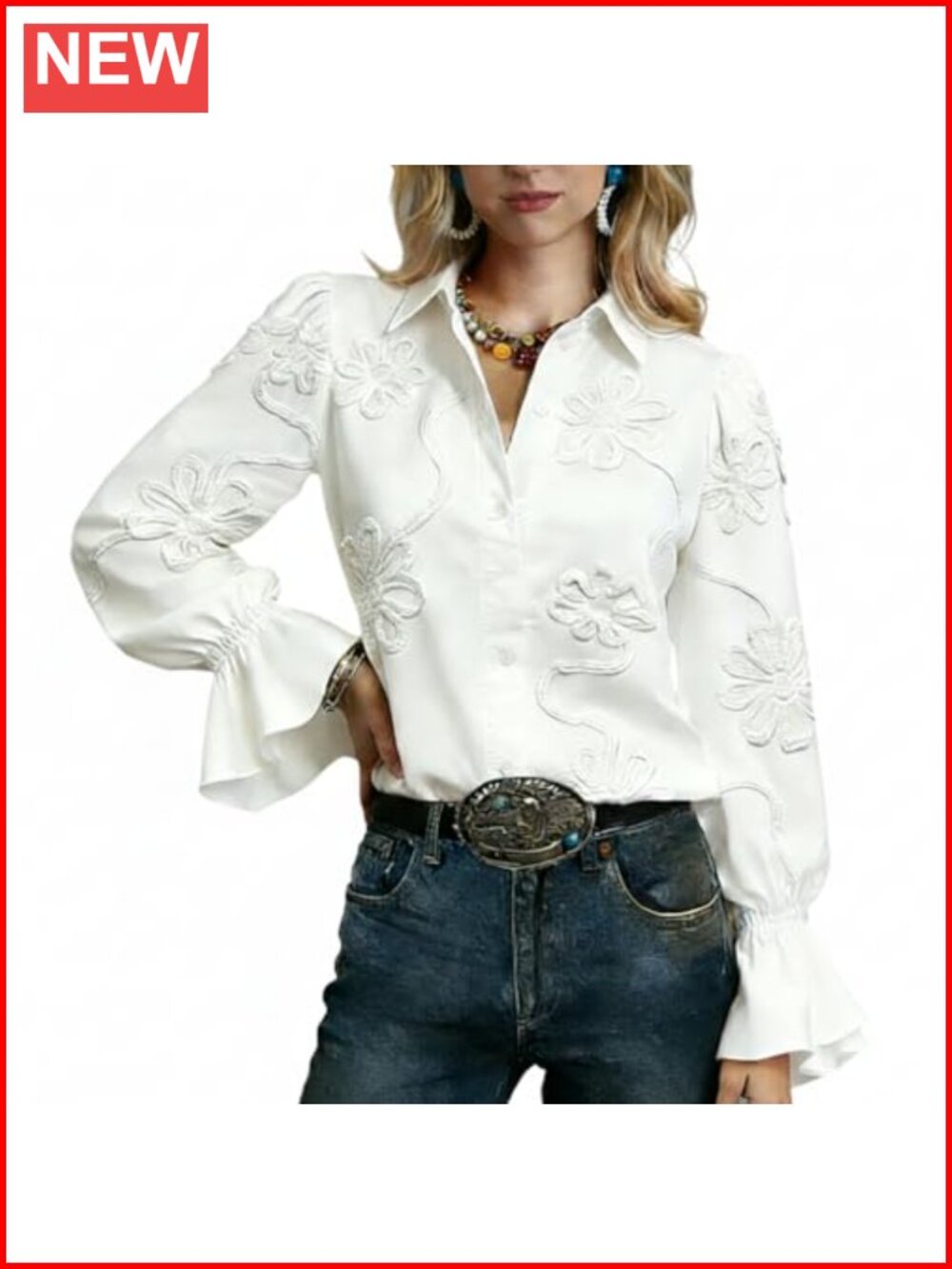 Floral Embroidered V-Neck Long Sleeve Blouse With Ruffled Cuffs
